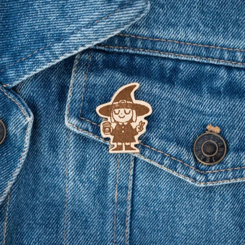 Cute Witch Drinking Coffee Wooden Lapel Pin