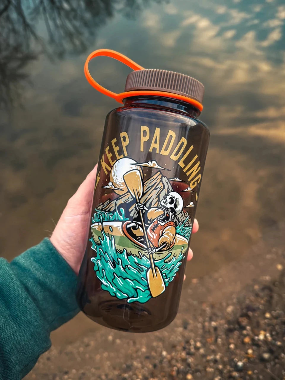 Keep Paddling Kayaking Skull Nalgene 32oz Wide Mouth Water Bottle - BROWN