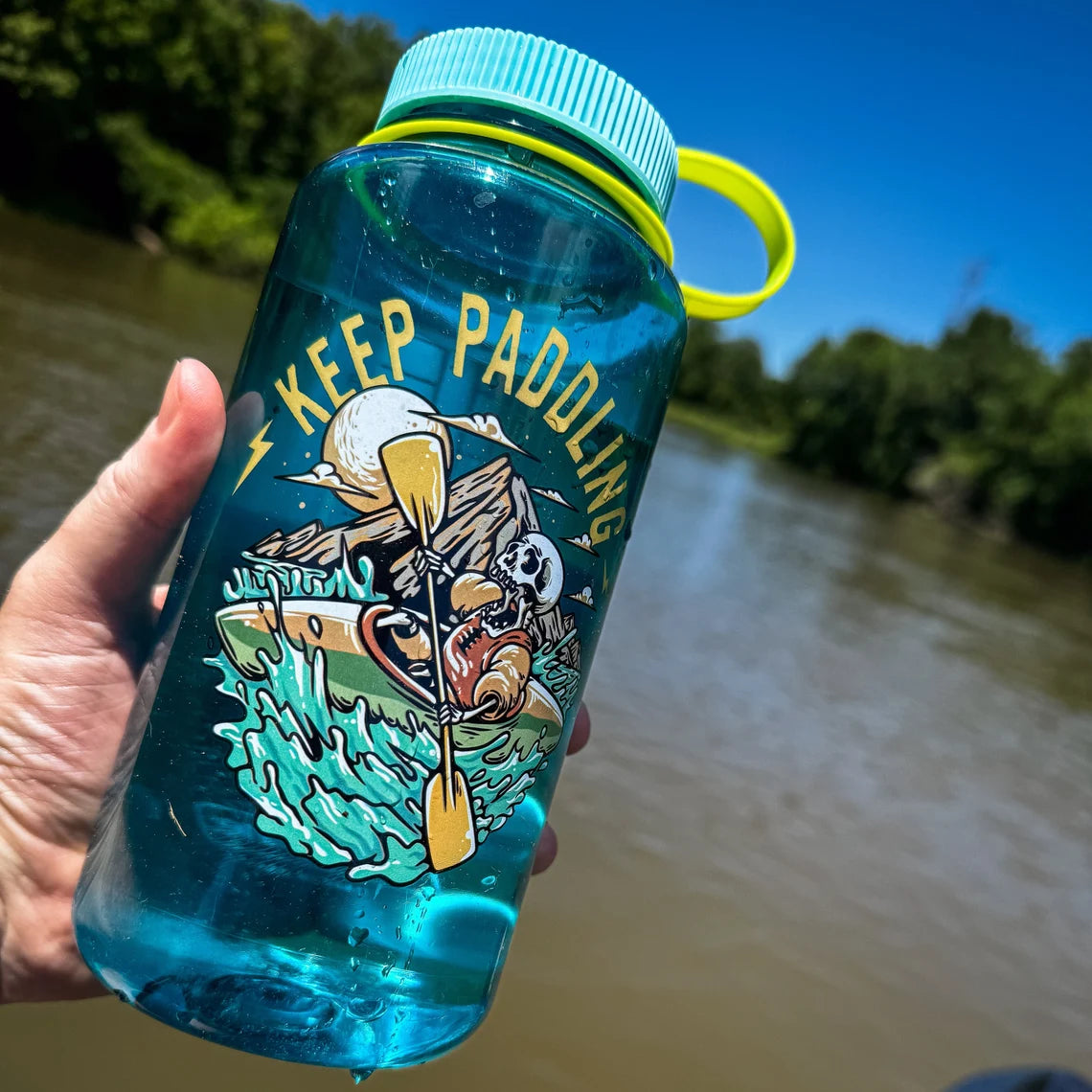 Keep Paddling Kayaking Skull Nalgene 32oz Wide Mouth Water Bottle - Blue