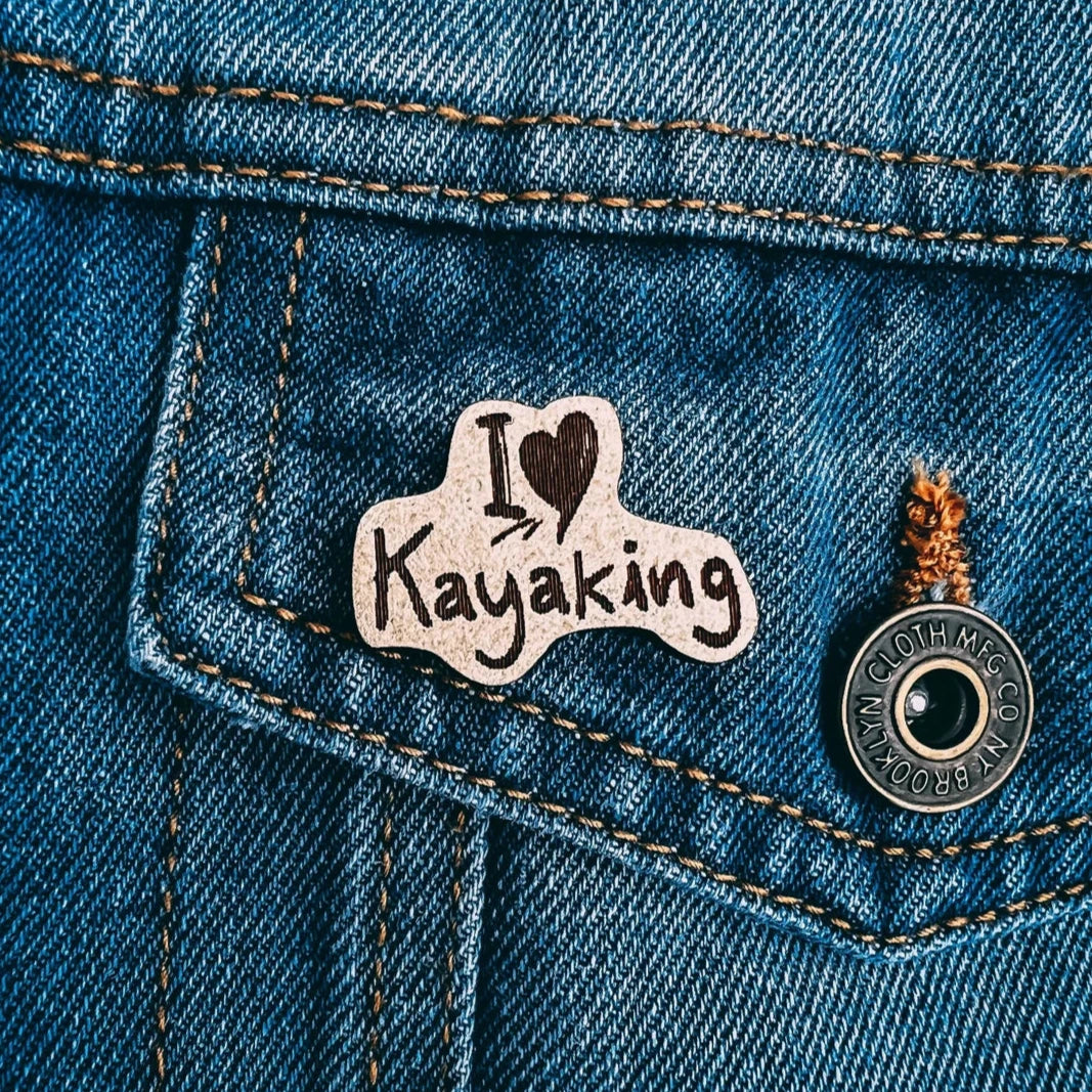 I Heart Kayaking Wooden Lapel Pin