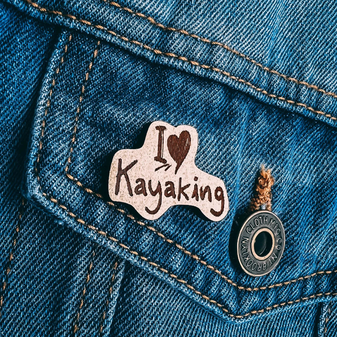 I Heart Kayaking Wooden Lapel Pin
