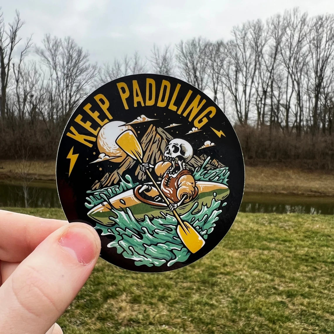 Keep Paddling Kayaking Skull Sticker