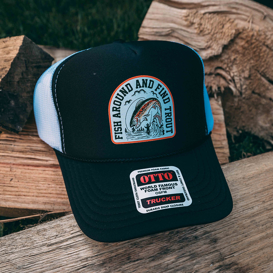 Fish Around and Find Out - Black with White Mesh OTTO Trucker Snap Back Hat