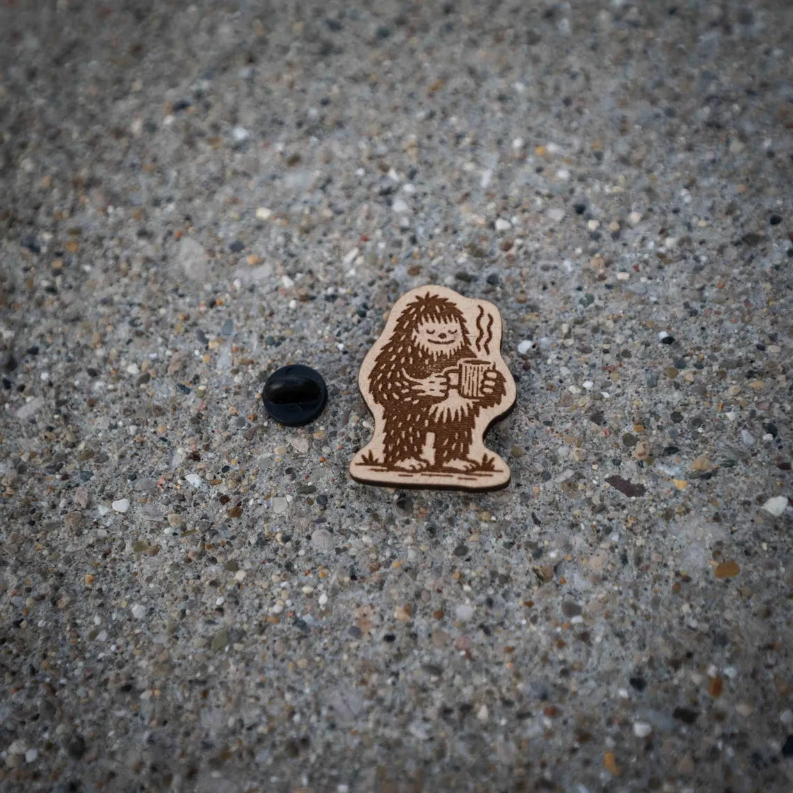 Bigfoot Drinking Coffee Wooden Lapel Pin